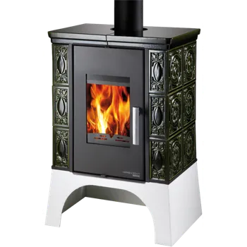 Krbová kamna EMPOLI AL II s vým.+vychl. smyčka, kachle zelená, podstavec bílý