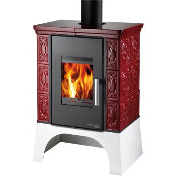 Krbová kamna EMPOLI AL II s vým.+vychl. smyčka, kachle bordeaux, podstavec bílý