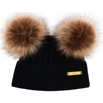 Čepice ČEPICE BJALLRA z merino vlny s béžovými bambule černá a béžová