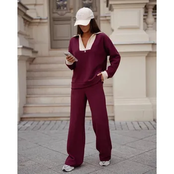 Dámská halenka Dámský komplet - mikina se stojáčkem a široké kalhoty s kapsami ve vínové bordó barvě (VE107) odstíny červené M (38)