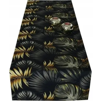 ubrus Běžec na stůl Panama, blankytně modrý se zlatými listy monstery, 40x140 cm