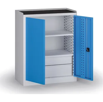 B2B Partner Policová dílenská skříň 2-dveřová, 2 police + 2 zásuvky, 1180 × 950 × 500 mm, modré dveře