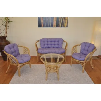 Obývací pokoj Axin Trading s.r.o. Ratanová sedací souprava Bahama medová velká polstry fialový melír