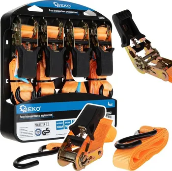 Upínací popruh Pás upínací ráčnový, s háky, 25 mm × 4,5 m, 700 kg, sada 4 ks - GEKO