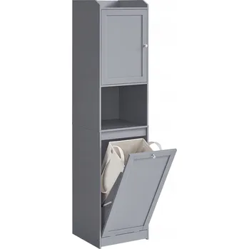 Koupelnový nábytek Úzká koupelnová skříňka sloupek se šedým látkovým košem na prádlo, 170 cm