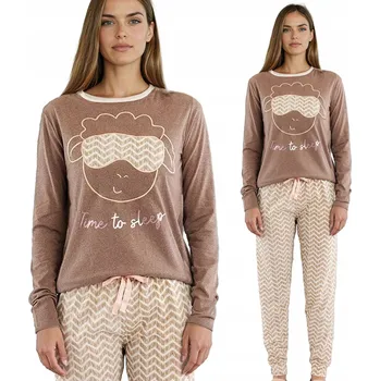 Dámské noční prádlo Roztomilé dlouhé bavlněné pyžamo dámské s ovečkami Deborah hnědé M