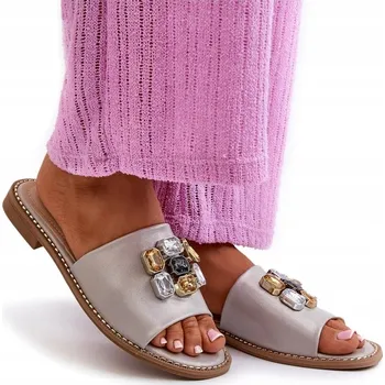 Dámské pantofle NAZOUVÁKY NA PLOCHÉM PODPATKU S OZDOBAMI S.BARSKI KV27-031 BÉŽOVÉ 37