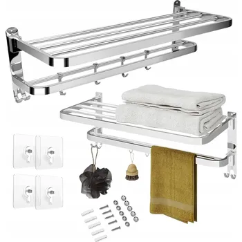 Držák na ručník SKLÁDACÍ VĚŠÁK NA RUČNÍKY S POLIČKOU DO KOUPELNY - LOFT STYL, ZÁVĚSNÝ, S HÁČKY