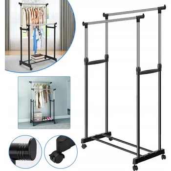 Věšák VELKÝ STOJANOVÝ VĚŠÁK NA OBLEČENÍ DVOJITÝ ČERNÝ NA KOLEČKÁCH 85-150 CM