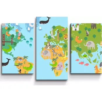 Obraz Sablio Obraz - 3-dílný Zvířecí mapa světa - 75x50 cm