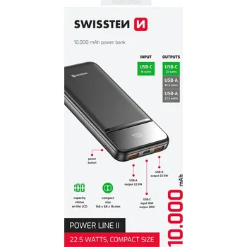 Powerbanka Kompaktní Powerbanka SWISSTEN 10000 mAh 22,5W Power banka USB-C USB-A