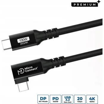 Datový kabel MicroConnect Prémiový kabel USB-C 3m 20 Gbps, 100 W, USB 3.2 Gen 2x2, zahnutý