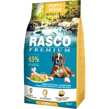 Krmivo pro psa Krmivo Rasco Premium Puppy Medium kuře s rýží 3 kg+Pochoutka Rasco Premium 80 g