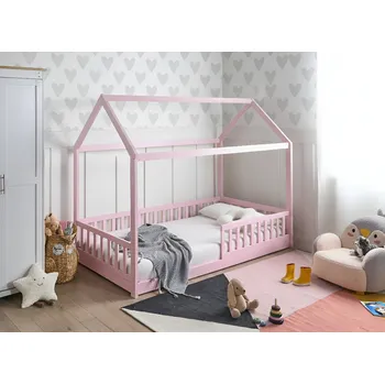 Postel Dětská postel růžová borovicové dřevo 90 x 200 cm jednolůžko ve tvaru domečku pro děti roštový rám postele Beliani