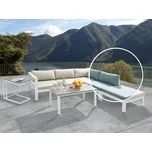 5místná zahradní sedací souprava Bílý kovový rám Béžové a zelené polštáře Lamelový konferenční stolek Moderní skandinávský venkovní set Beliani