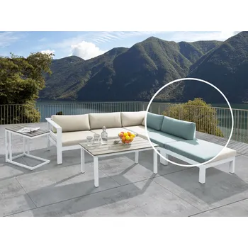 Zahradní sestava 5místná zahradní sedací souprava Bílý kovový rám Béžové a zelené polštáře Lamelový konferenční stolek Moderní skandinávský venkovní set Beliani