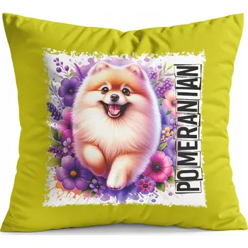 Polštář POLŠTÁŘ ŽLUTÝ DÁREK - PES PSI PEJSEK PLEMENO POMERANIAN ŠPIC