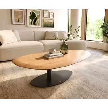 Konferenční stolek DELIFE Konferenční stolek Edge oválný 140x75 cm dub přírodní kulatá hrana Vibany kov černá