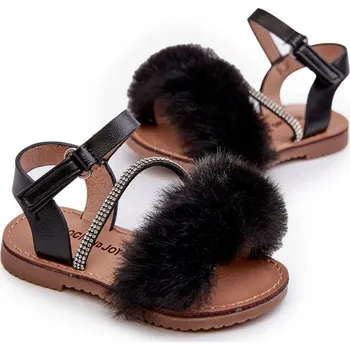 Chlapecké sandály Dětské sandálky s kožešinou NA SUCHÝ ZIP z eko kůže černé barvy, velikost 19