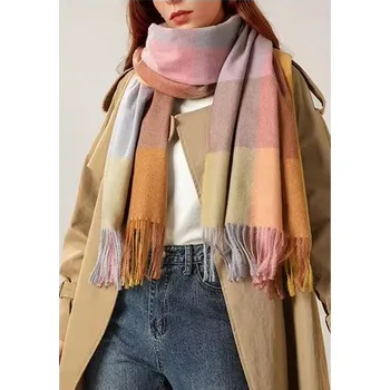 Šála Dámská kašmírová šála s vlnou, růžová šedá žlutá