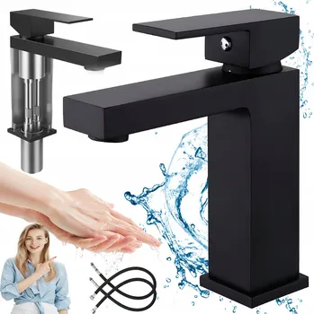 Vodovodní baterie VYSOKÁ UMYVADLOVÁ BATERIE ČERNÁ HRANATÁ: REGULACE VODY, PERLÁTOR ABS