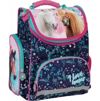 Školní batoh Školní aktovka derform Horses s květinovým vzorem a koňmi