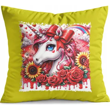 Polštář POLŠTÁŘ ŽLUTÝ DÁREK – JEDNOROŽEC UNICORN KŮŇ