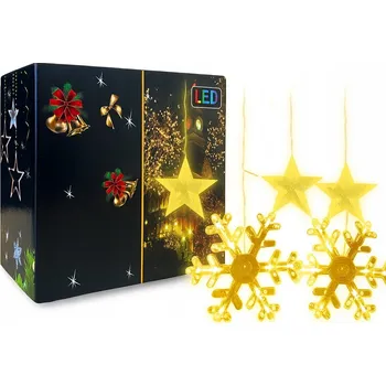 Vánoční dekorace ZÁVĚS VLOČKY SNĚHU + HVĚZDIČKY 5,5m 138 LED BÍLÁ TEPLÁ IP44 GIRLANDA