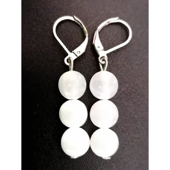 Náušnice Selenitové naušnice - 3 korálky s chir.ocelí