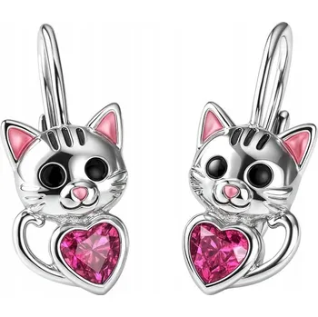 Náušnice Stříbrné náušnice kočky se srdíčkem a zirkon, stříbro o ryzosti 925, anglické zapínání