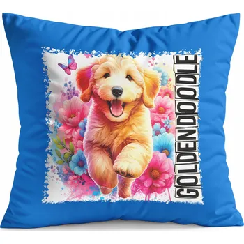 Polštář POLŠTÁŘ MODRÝ DÁREK – PES PSI PEJSEK PLEMENO GOLDENDOODLE
