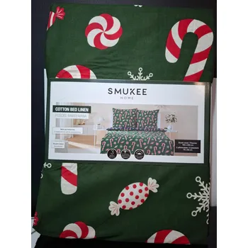 Povlečení Povlečení BAVLNĚNÉ Vánoční Zelené s Lízátka Bonbóny Sněhové Vločky 160 x 200