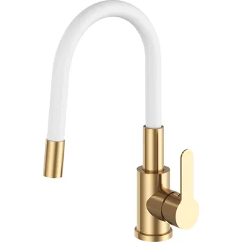Vodovodní baterie Gamma Flex 2000, stojánková dřezová baterie s flexibilním ramenem, bílá-zlatá matná, GMA-BFX-2000WHGD