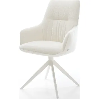 Jídelní židle DELIFE Jídelní židle Zelia-Flex s područkami bouclé měkký béžová křížová podnož široká bílá 360° otočný houpací funkce taštičkové pružiny
