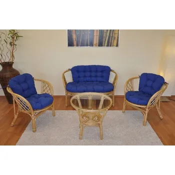 Obývací pokoj Axin Trading s.r.o. Ratanová sedací souprava Bahama medová velká polstry tmavě modrý melír