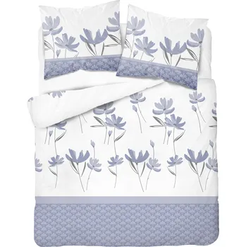 Povlečení Povlečení saténové 220x200 bílé s levandulovými květy a ozdobným pruhem