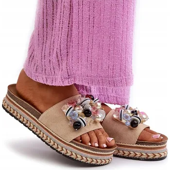 Dámské pantofle Dámské NAZOUVÁKY na platformě s ozdobami S.BARSKI HY077 Béžové 36