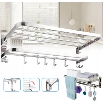 Držák na ručník SKLÁDACÍ VĚŠÁK NA RUČNÍKY S POLIČKOU DO KOUPELNY - LOFT STYL, ZÁVĚSNÝ, S HÁČKY