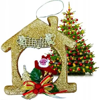 Vánoční dekorace VÁNOČNÍ OZDOBA 19X19 CM DOMEČEK ZLATÝ S MIKULÁŠEM BROKAT ZÁVĚSNÁ LEHKÁ