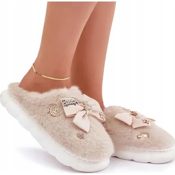 Dámské pantofle DÁMSKÉ ZATEPLENÉ PANTOFLE MĚKKÉ POHODLNÉ S OZDOBAMI A MAŠLÍ BEŽOVÉ 36/37