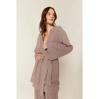 Dámské šaty BUBELO DÁMSKÝ KIMONO PŘEHOZ ŠATY ZE SMĚSI VISKÓZY A LNU, BARVA ORGANIC GREY vel.: XS/S