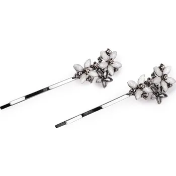 Náramek Sponky do vlasů / pinetky s broušenými kamínky květy, list, střední, 1 bílá květy