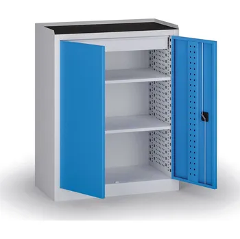 B2B Partner Policová dílenská skříň 2-dveřová, 2 police + 1 zásuvka, 1180 × 950 × 500 mm, modré dveře