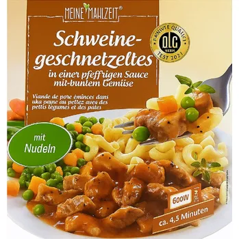 Meine Mahlzeit Vepřové kousky v pepřové omáčce s těstovinami, hráškem a mrkví 480 g - originál z Německa