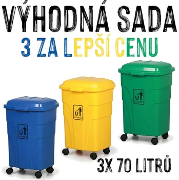 Odpadkový koš VÝHODNÁ SADA - 3x Pojízdný koš na tříděný odpad KORESA, 70 litrů