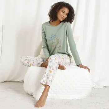 Dámské noční prádlo Pyžamo s kalhotami a potiskem art motivu zelená/béžová 34/36