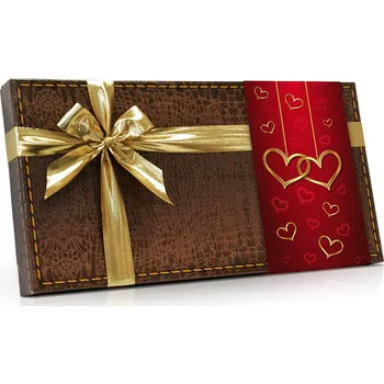 Bonboniéra Selllot, s.r.o., K Hájům 34, 155 00 Praha 5 - Vyrobeno v Německu Srdíčka - Výběr pralinek tmavá kůže s rukávkem a mašlí 400g