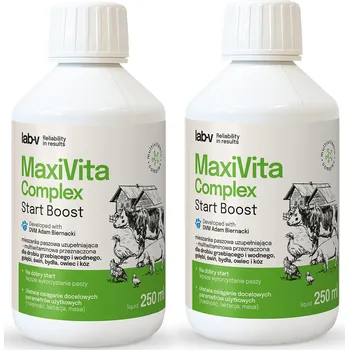 Krmivo pro hospodářské zvíře Lab-v MaxiVita Complex - doplňková multivitaminová krmná směs v tekuté formě, určená pro kurovitou drůbež, vodní ptactvo, holuby, prasata, skot, ovce a kozy. 2x250 ml