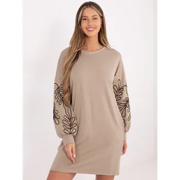 Dámské oblečení Béžové krátké šaty s výšivkou a nabíranými rukávy RV-SK-