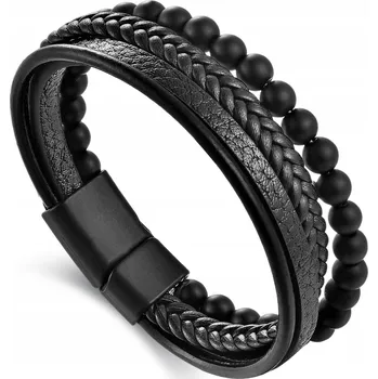 Náramek PÁNSKÝ NÁRAMEK KOŽENÝ NÁRAMEK TROJITÝ, ČERNÉ KORÁLKY OCEL